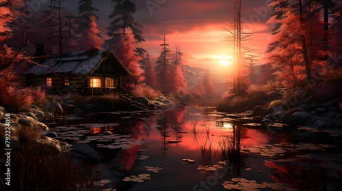 Beautiful panoramic view of a small cottage on the bank of a mountain river at sunset