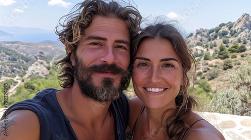 A happy young couple taking a selfie with mountains in the background during a vacation hiking trip. Generative AI