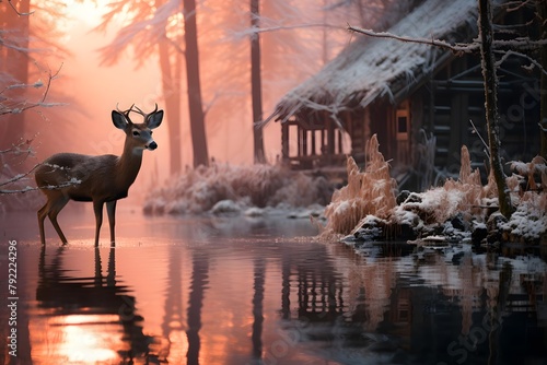 Beautiful deer in the winter forest at sunset  panoramic view