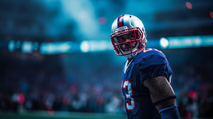 An American football player in a blue uniform with helmet, on a blurred stadium background, depicting the intensity of the sport. Generative AI