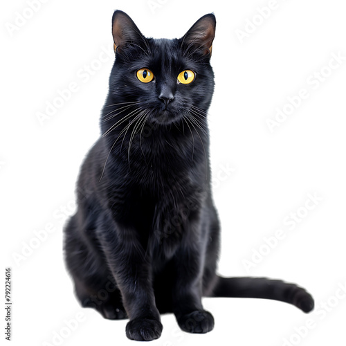  Black cat, yellow eyes, sitting posture, white background © MR.H