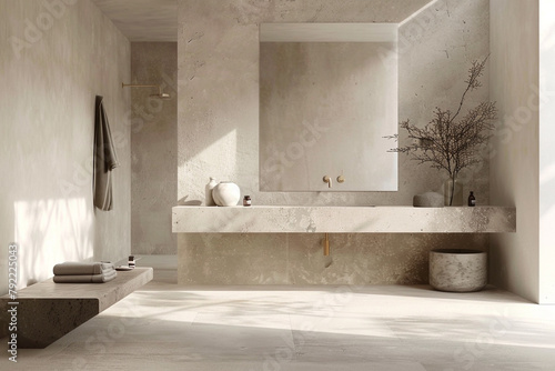 A tranquil bathroom with a minimalist vanity and a large, frameless mirror, creating an airy and open feel.