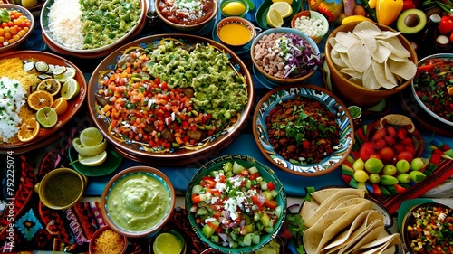  Traditional Mexican cuisine spread including tacos, enchiladas, and guacamole, ready to be enjoyed on Cinco de Mayo. 
