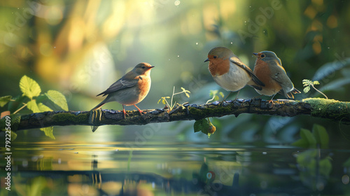 In a tranquil woodland setting, a couple of birds perch on a branch, their gentle presence adding to the natural beauty of the scene, captured in stunning ultra HD clarity