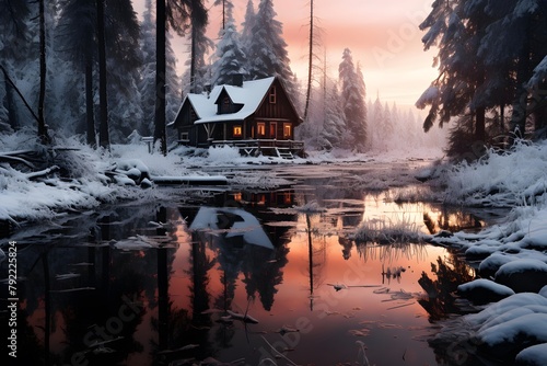Winter house on the shore of a frozen lake in the forest.