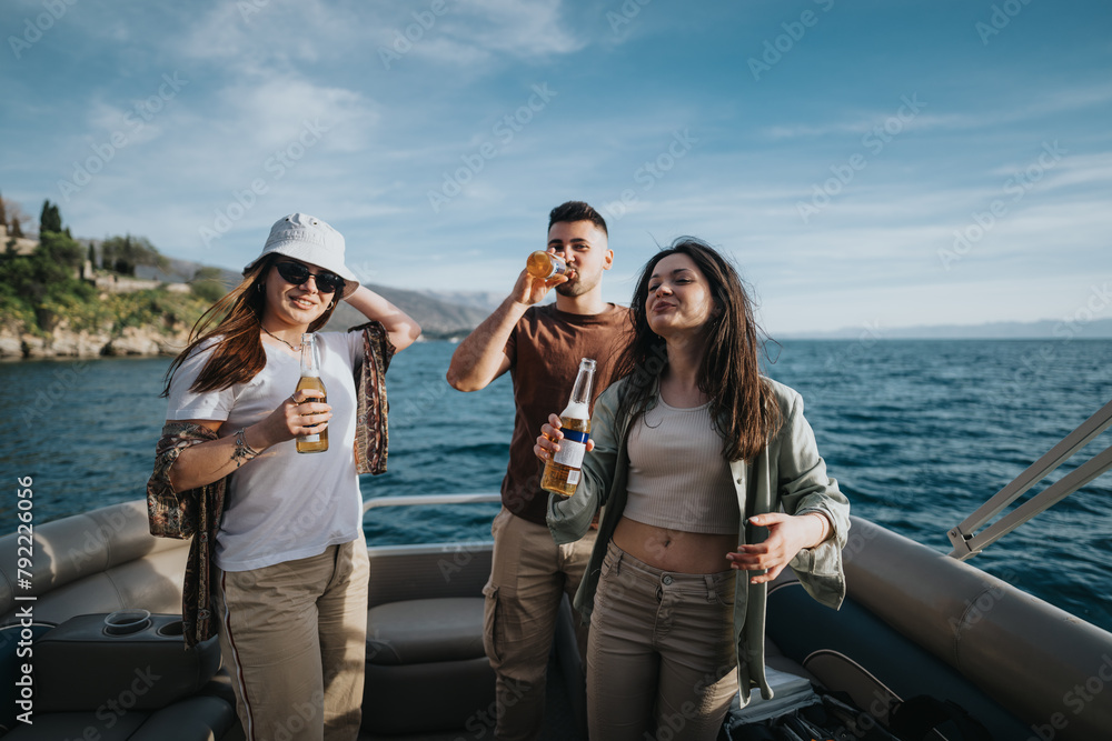 A group of happy friends sharing a relaxing moment, drinking beer on a boat, with a scenic lake backdrop signifying a joyous springtime getaway.