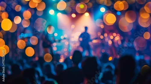 Blurred reflections of a crowded concert venue with flickering lights and silhouettes of musicians performing onstage capturing the electric atmosphere of a live music event. . photo