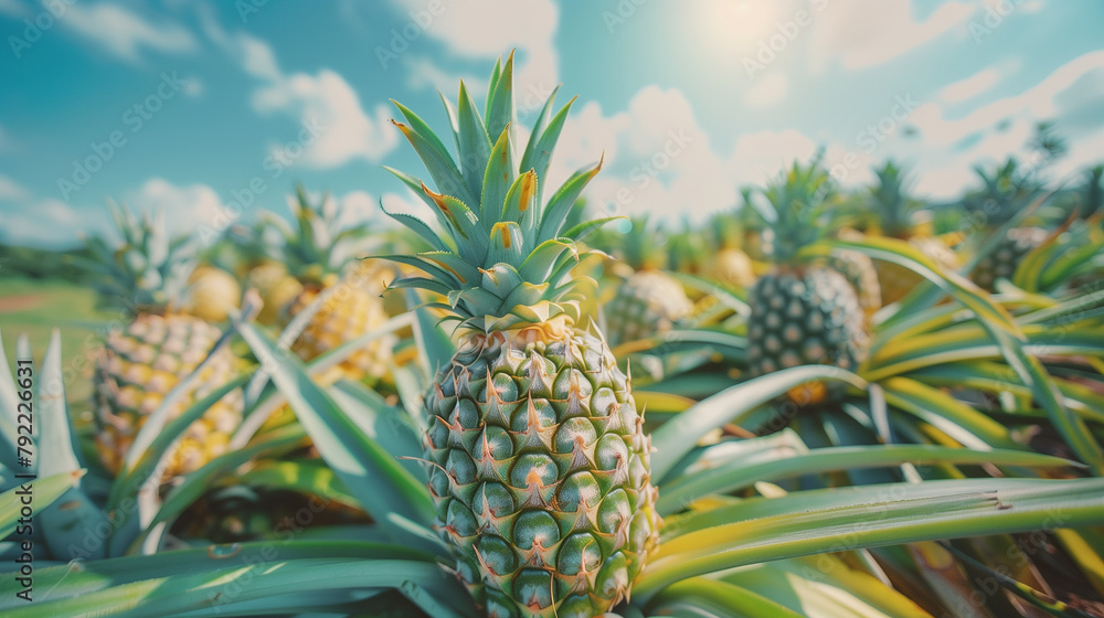 Fototapeta premium View of pineapple fruit ready to be harvested in a pineapple plantation.