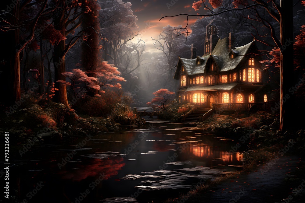 Halloween night landscape with haunted house and moon. 3d render