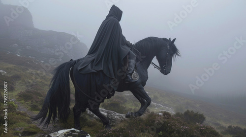 Through the misty Scottish Highlands the Sable Stallion and its rider gallop the horses mane and tail braided with black ribbons and the rider sporting a long black .