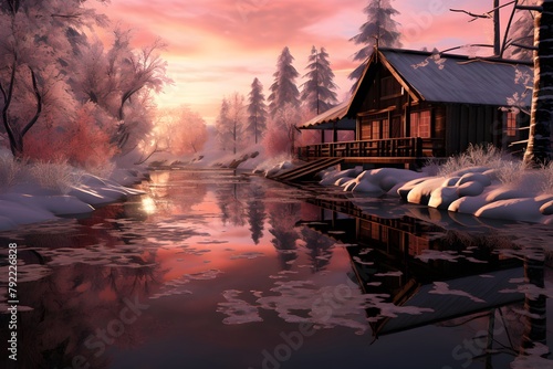 Winter landscape with a cottage on the shore of a frozen lake at sunset © Iman