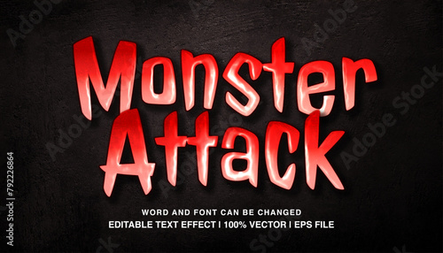 Monster attack editable text effect template, 3d bold glossy halloween style typeface, premium vector