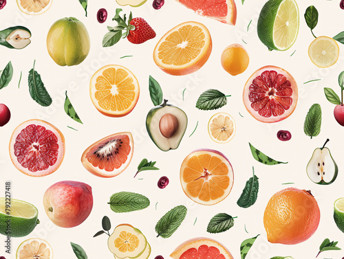 Fresh citrus fruits like orange  lemon  and grapefruit with kiwi and green leaves create a seamless pattern on a white background