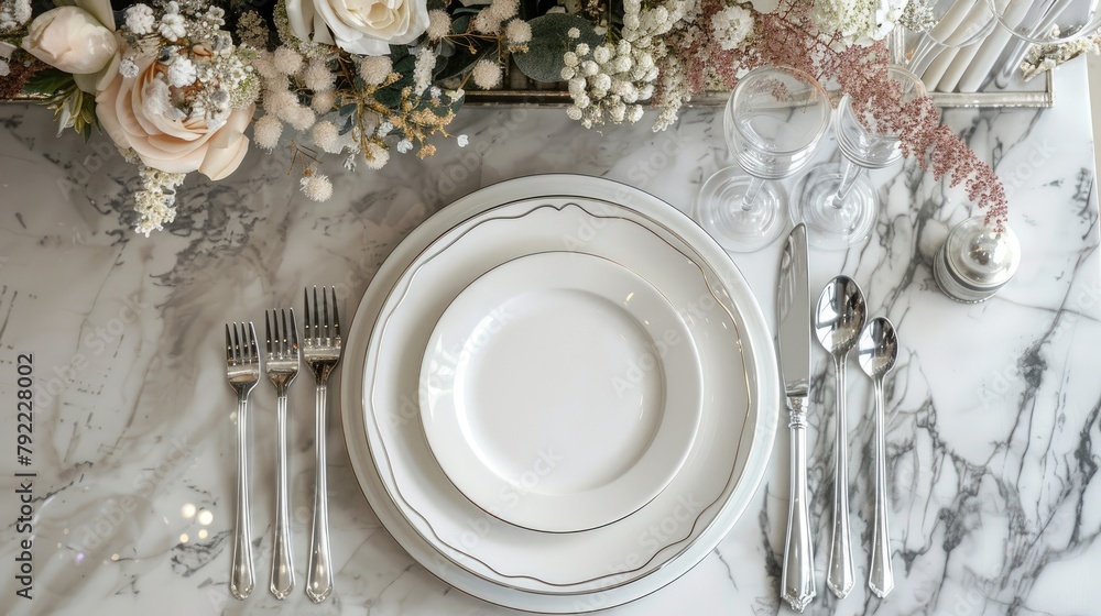 Polished silverware set on a glossy dining table Polished silverware set on a glossy dining table