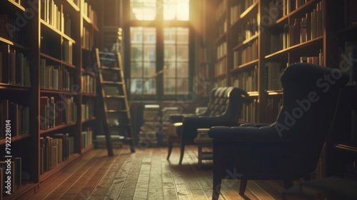 A hushed library bathed in soft dreamy light with stacks of unod volumes and chairs tucked in quiet corners inviting readers to lose themselves in imaginary worlds. . photo