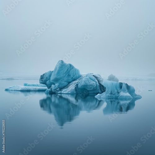 An Iceberg With Various Shades of Blue Floats in Calm, Icy Waters Under a Hazy Sky © Studio PRZ