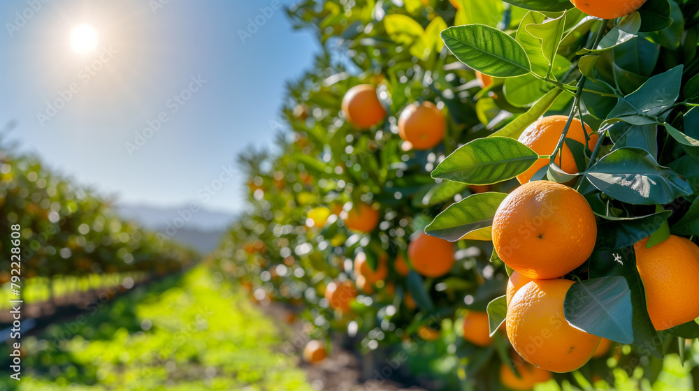 View of orange plants ready to harvest with orange plantations in the background. View of orange plants ready to harvest with orange plantations in the background.