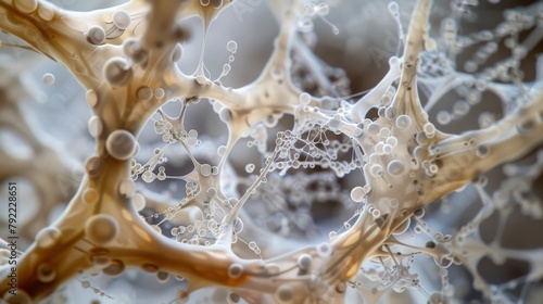 An upclose look at the intricate structure of fungal hyphae with delicate threadlike strands interlocking and extending in all directions.