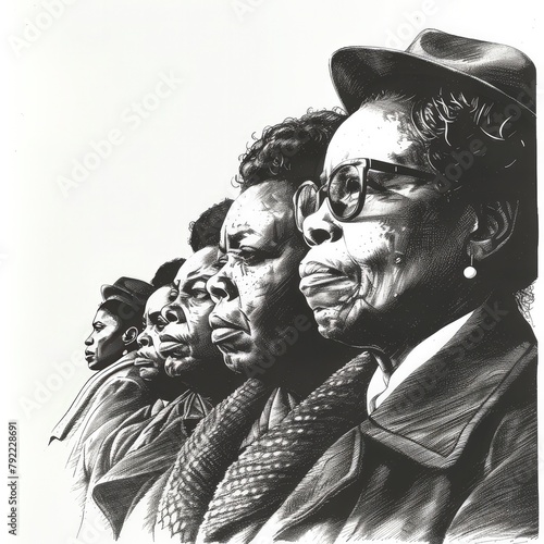 black and white image of  elderly group of civil rights black African American women on white background empowerment