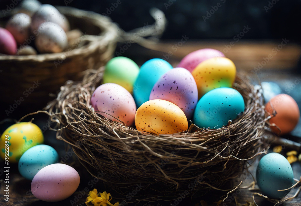'nest easter eggs background decor Colorful pastel rustic dark kitchen Banner Spring Floral Happy Celebration Lifestyle Holiday Top view Event Egg OrganicBackground Banner Isolated Spring Floral'