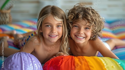 Cute little kids with inflatable mattresses and beach ball on lilac background