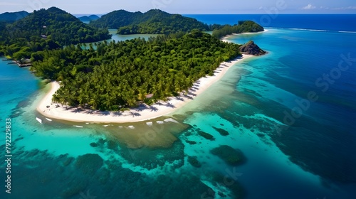 Aerial view of a tropical island with white sand, turquoise water and blue sky. Philippines.