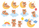 set of kawaii bear sleeing on the moon, cloud dancing. for newborn apparel, textiles and wallpaper Vector illustration