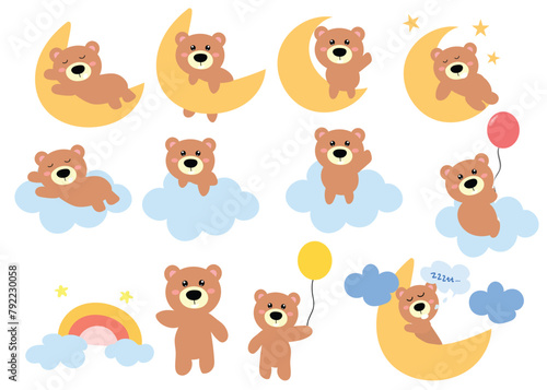 set of kawaii bear sleeing on the moon, cloud dancing. for newborn apparel, textiles and wallpaper Vector illustration