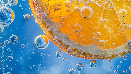 orange in water, a slice of orange submerged in a clear, bubbly liquid