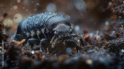 A microscopic image of a small black beetle larva its tiny head ly distinguishable from its plump segmented body. The larva is surrounded