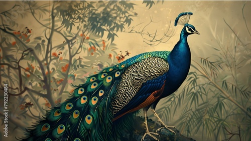 a beautifully illustrated peacock perched on a branch © CNISAK