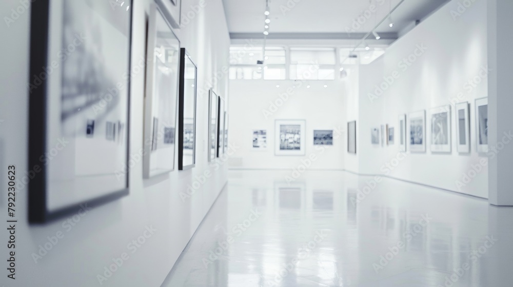 In this shot the white walls of the gallery blend together in a soft blur while black and white photographs hang in a carefully curated display. The defocused background creates a .