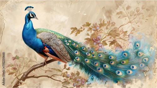 a beautifully illustrated peacock perched on a branch © CNISAK