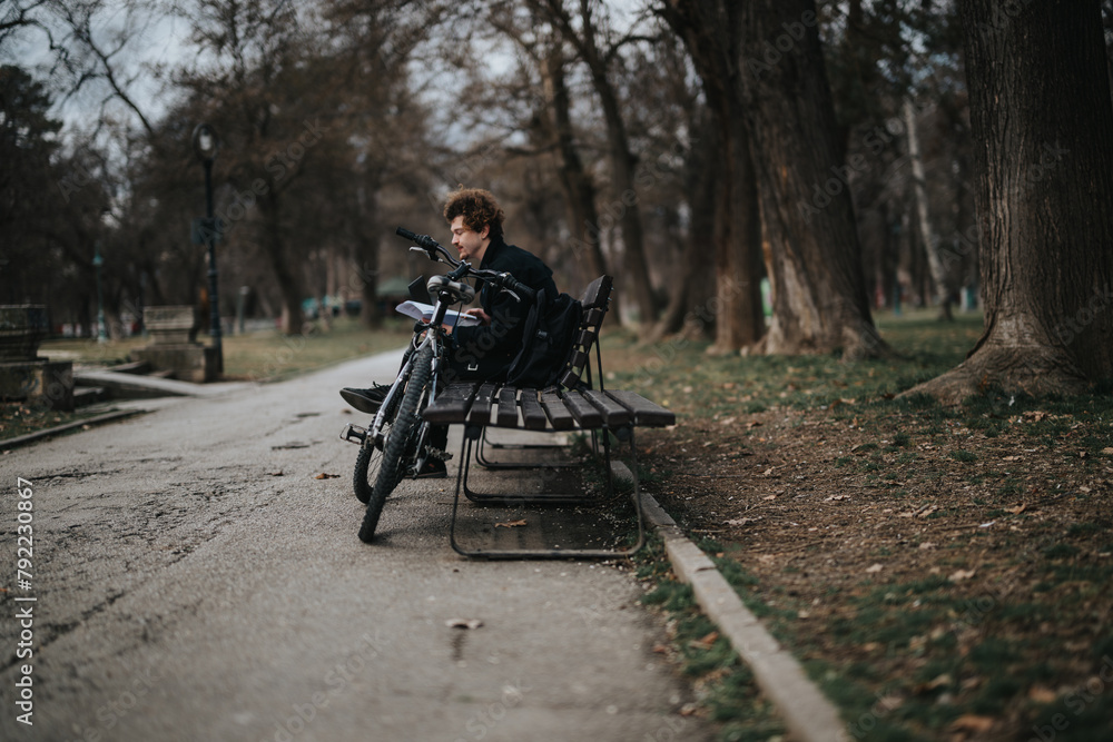 A business professional enjoys a peaceful moment in the park, sitting on a bench with a bicycle alongside. A business professional enjoys a peaceful moment in the park, sitting on a bench with a bicycle alongside.