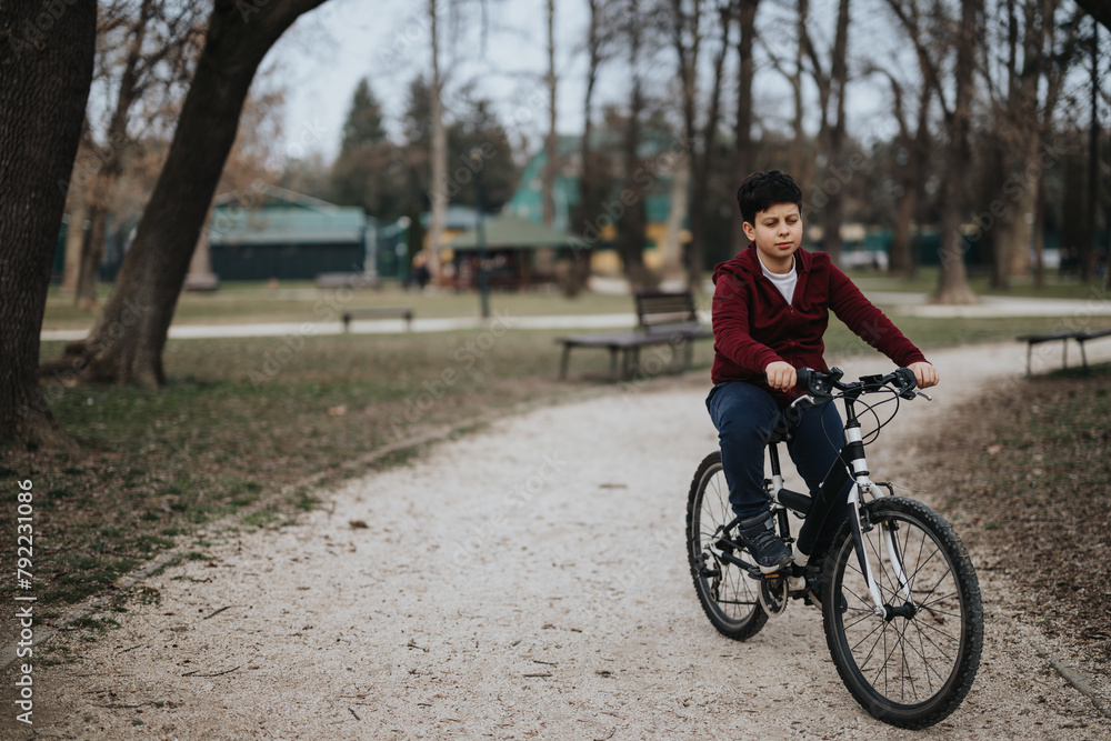 A joyful young kid rides his bike along a scenic path in the park, symbolizing freedom and youthful spirit. A joyful young kid rides his bike along a scenic path in the park, symbolizing freedom and youthful spirit.