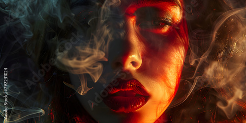 a woman in dark smoke in the air with red lipsticks  in the style of photorealistic detail  exotic 