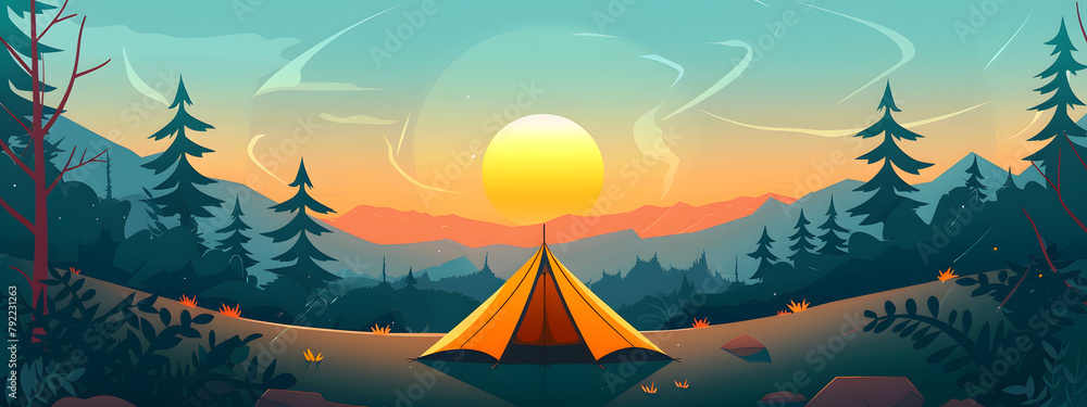 A camping on the mountains forest with sunset or sunrise sky on background. A camping on the mountains forest with sunset or sunrise sky on background.