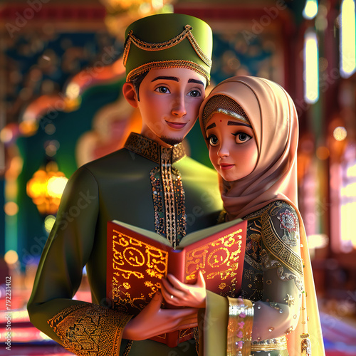 3d cartoon muslim couple holding holy book alquran. 3d rendering cartoon muslim couple photo