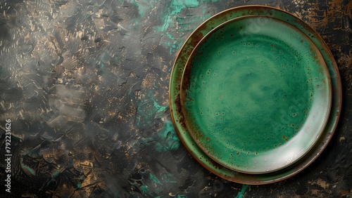 Empty rustic green classic plate over Dark rough table surface . top view, with copy space. top table setting. for menu, layout, place for text , recipe background, food flat lay