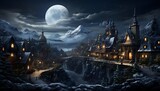 Fantasy landscape with old town at night. 3d illustration.