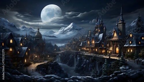 Fantasy landscape with old town at night. 3d illustration.