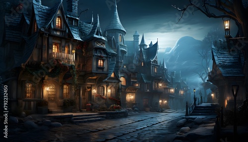 Fantasy illustration of a small village at night with fog. Panorama