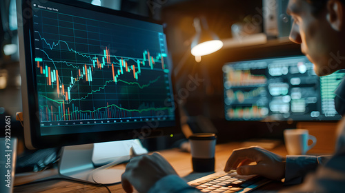 Stock trader trading with a graph showing on computer screen monitor, cryptocurrency or forex business concept.