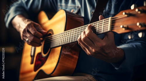 A close-up of a guitarist's hands strumming chords