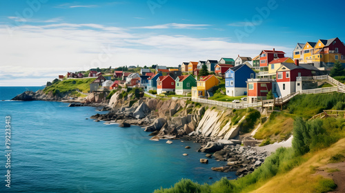 A coastal town with colorful houses lining the shore,