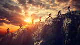 Silhouette of hiker climbing mountains bathed in a warm sunset glow to peak success achievement concept.