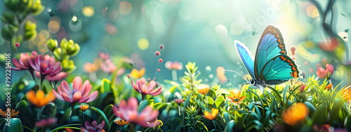 Bright wildflowers sprout amidst a lush green meadow with butterfly photo