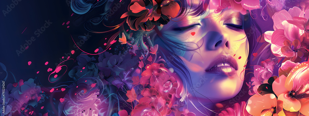 Abstract woman illustration art with vibrant flower surround.