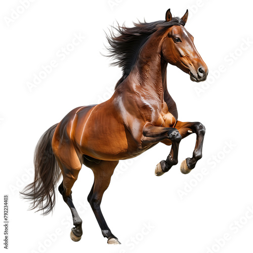 Beautiful brown horse rearing up on white background