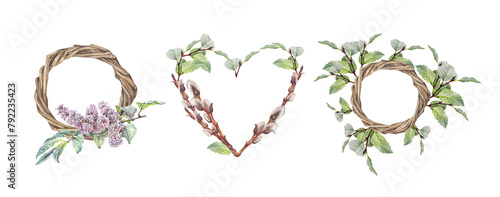 Set with watercolor wreath with willow and green leaves isolated on white background. Hand-drawn branch herb for spring Easter decor with copy space. Botanical bouquet for wallpaper. Nature clipart